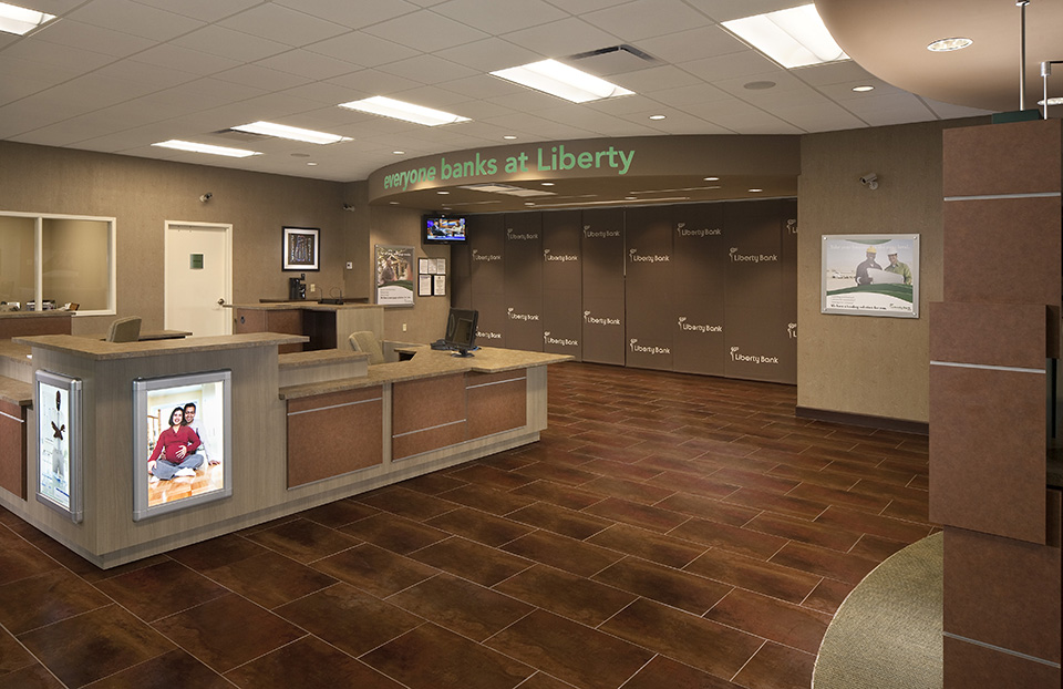 Liberty Bank teller line with screen
